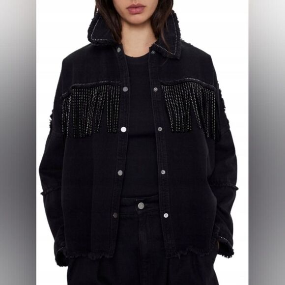 Zara Black Jean Jacket with Fringe Detail - Picture 1 of 7